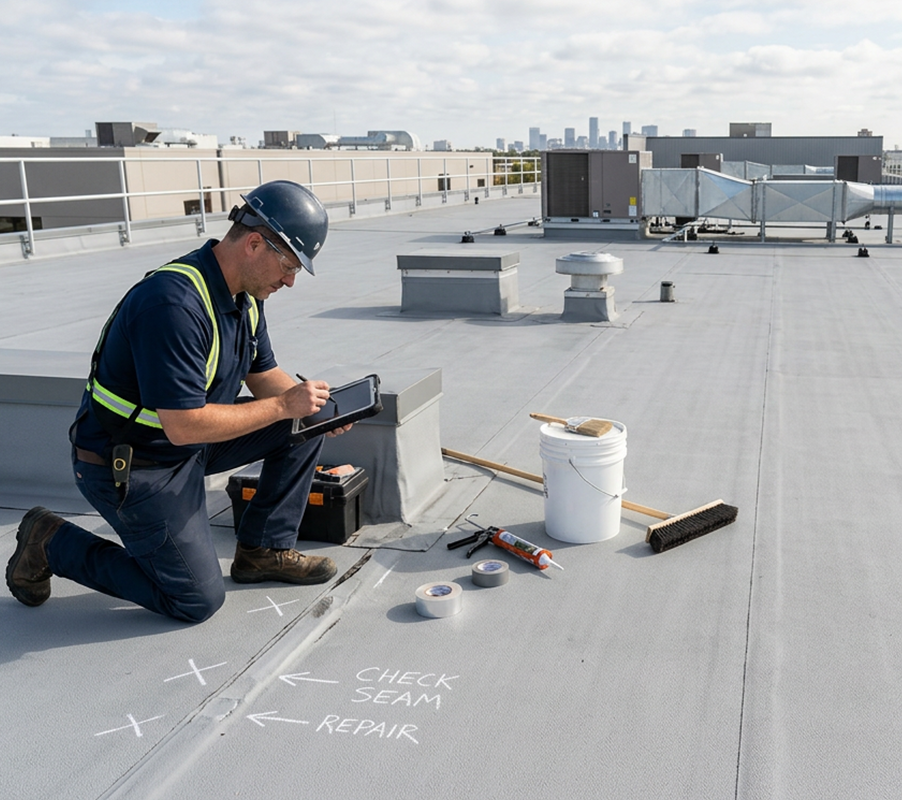 Roofing professional documenting a seam during a commercial roof assessment