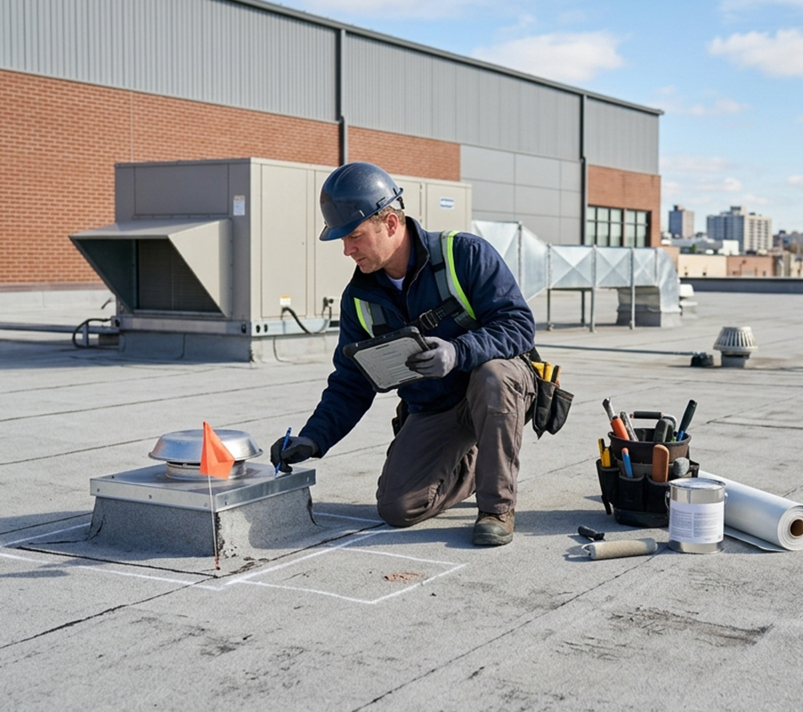 Commercial roofer inspecting a roof penetration before coating