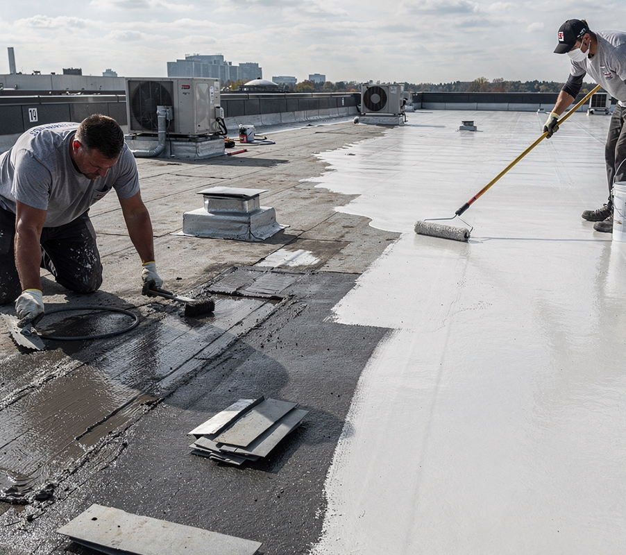 Roofing contractors preparing details and applying a coating on a commercial roof