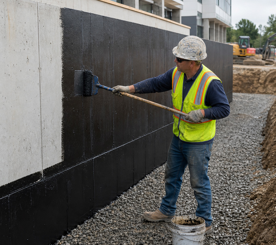 Contractor applying a black protective coating to an exterior concrete foundation wall