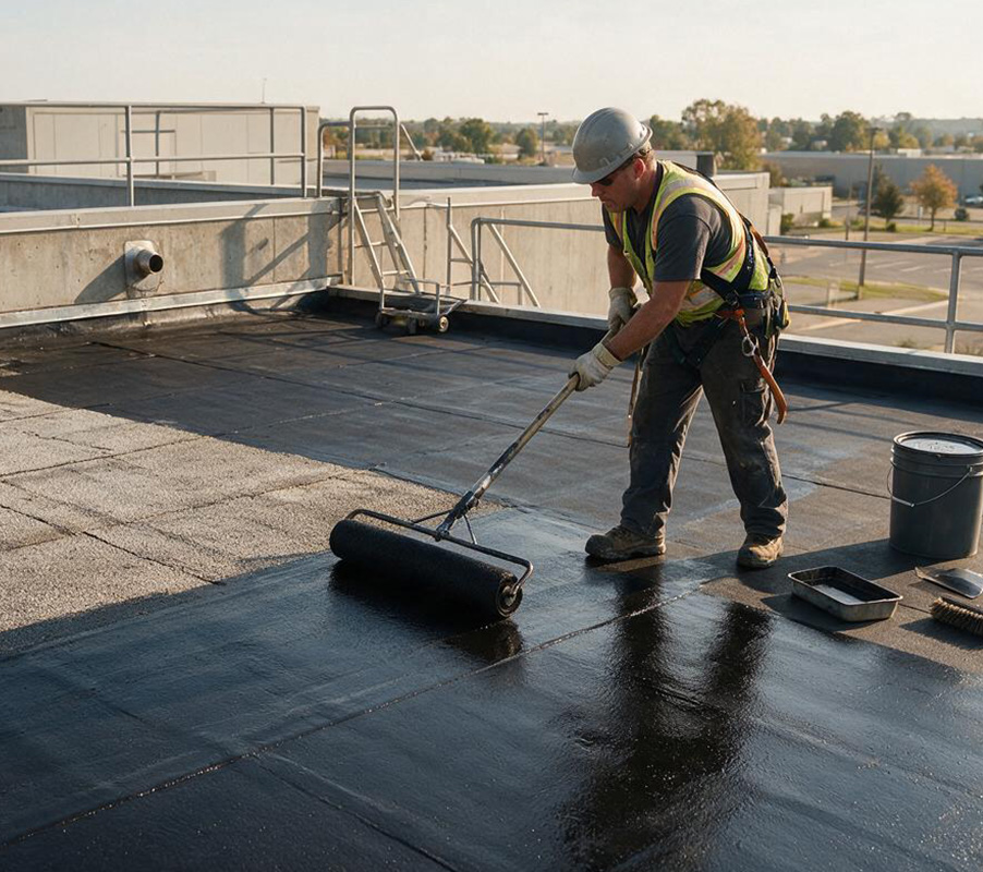 Contractor applying black asphalt roof coating to a commercial roof