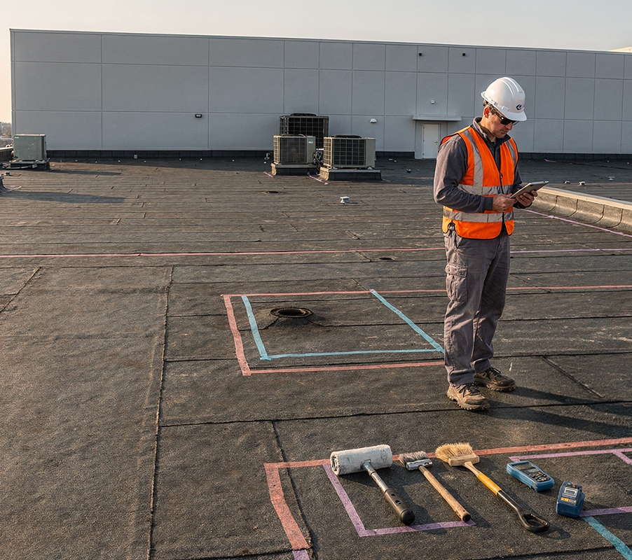 Commercial roof inspector documenting conditions during a pre-coating roof assessment