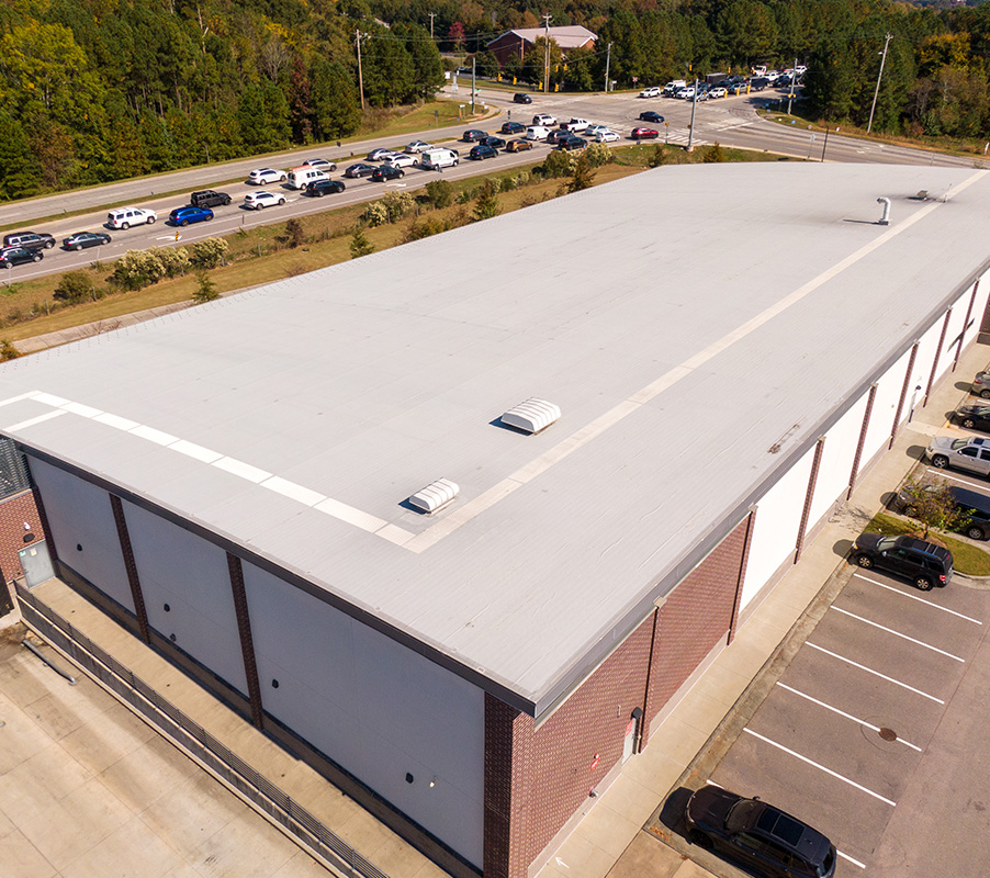 Reflective roof on a large commercial building viewed from above